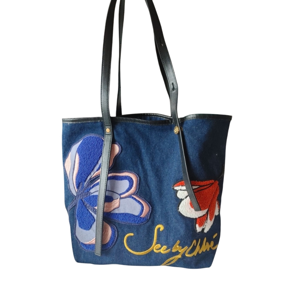 See By Chloe Denim Floral Embroidery Shoulder Tote Bag